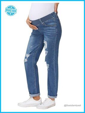 Maternity Ripped Boyfriend Jeans Low Rise Elastic Waist Denim Pants